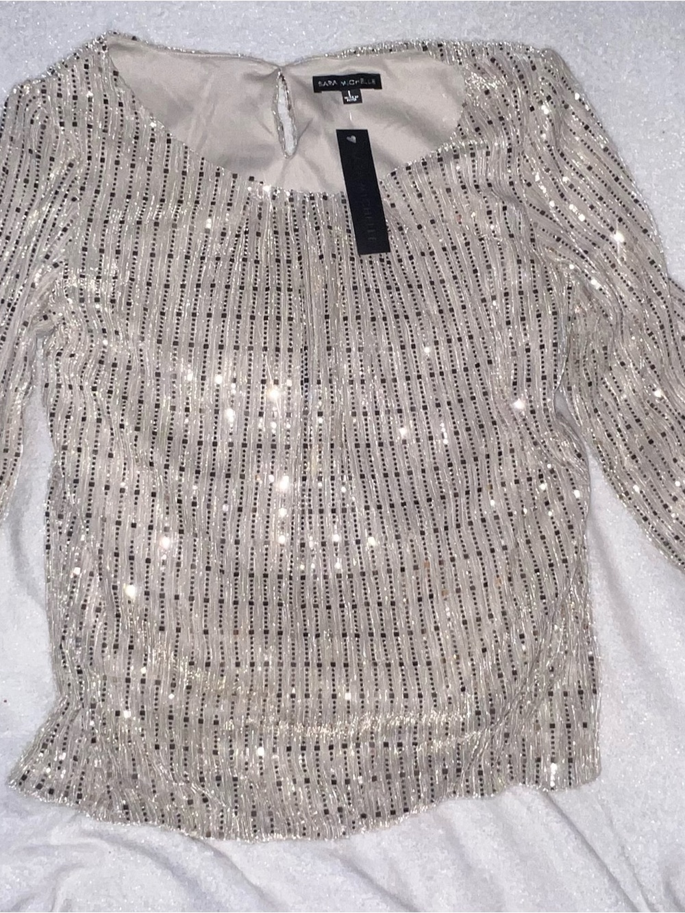 Sara Michelle Cream Sequin Stripe Long-Sleeve Blouse